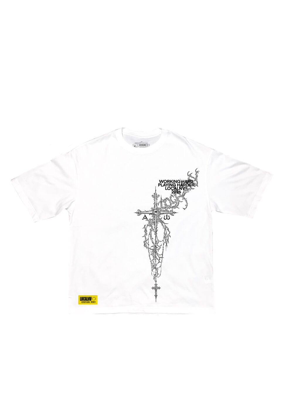 013DROP Victory Cross camiseta blanca LOCALNV, foto de producto con diseño de cuervos